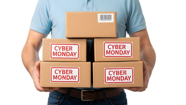 Man holding stack of cyber monday shipping boxes as isolated element