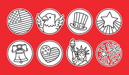 4th of july patriotic doodle sticker collection set with american patriotic independence stickers fireworks celebration illustration national collection decorative © Star_Pixels11