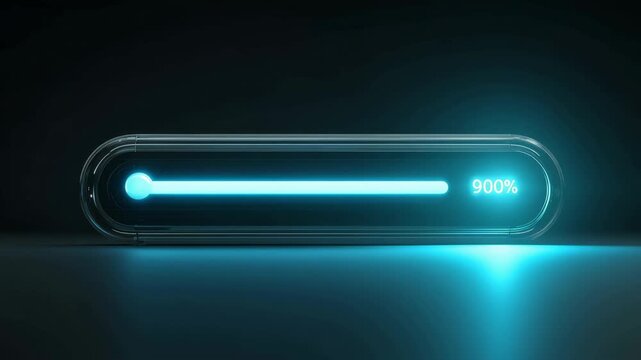 Glowing futuristic progress bar loading indicator with percentage and neon digital interface on dark background, blue light, high load concept, searchable SEO title