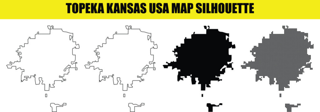 Topeka kansas usa map silhouette outline set featuring simple white black and stippled halftone design on grid.