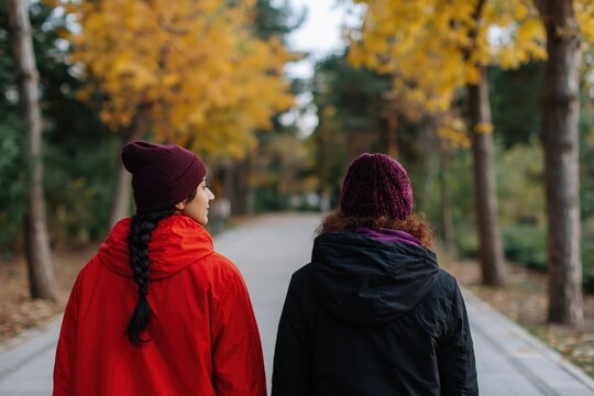 Two women walking together on paved path among autumn trees