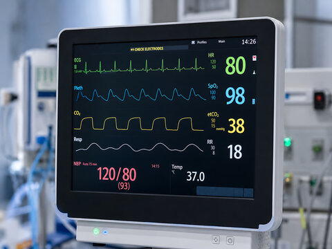 Hospital Patient Monitor Showing ECG Heart Rate and Vital Signs in Intensive Care Unit