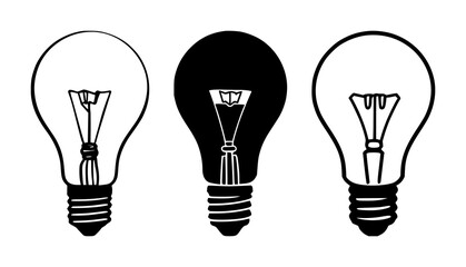 Lightbulb inspiration icon set with flat silhouette in solid black on white background featuring lightbulb, symbolism of ideas, creativity with clean lines and bold contrast © MdRonok
