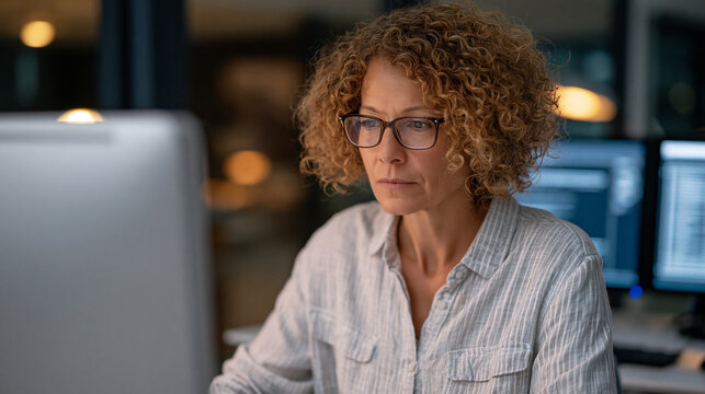 Cybersecurity analyst examines quantum threat vulnerability assessment report at dual monitor workstation in dimly lit network operations center, incident response timeline pinned