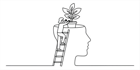 Continuous line drawing of a person climbing a ladder into a human head to plant a growing green tree Vector, illustration © Ranjona Vector Art