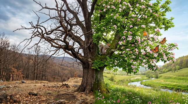 Single Tree Transitioning from Dead Branches to Green Leaves and Flowers

