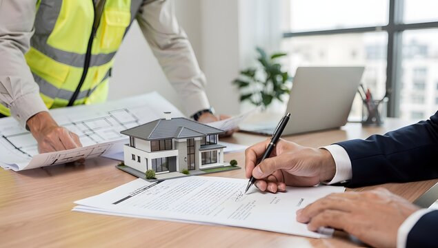 Close shot of a man finalizing a house-building contract with a contractor