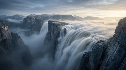 Fototapeta premium Misty Waterfall Overlooking Canyon at Dawn – Majestic Landscape