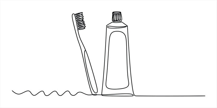 Continuous single line drawing of toothbrush and toothpaste tube for dental care and oral hygiene concept Vector, illustration