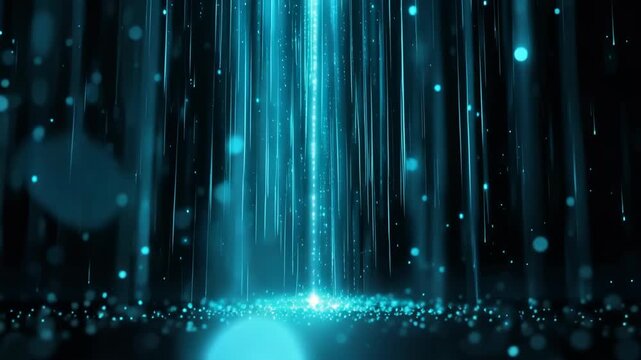 Abstract light background with blue glow, vertical line, particle bokeh, dark space, light streak, digital motion texture, sparkling particles, light beam and falling particles for SEO abstract