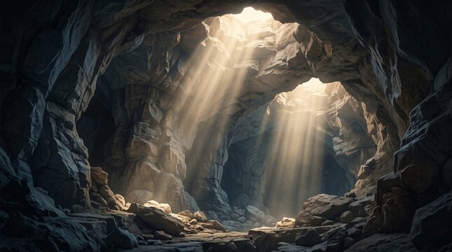 Sunbeams Illuminating a Natural Cave Entrance &ndash; Geological Wonder