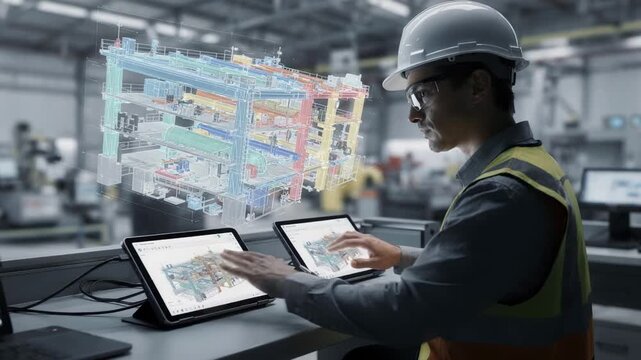 Medium shot showing an engineer reviewing sensor data on tablets connected to a 3D digital twin model to track fabrication progress and detect deviations