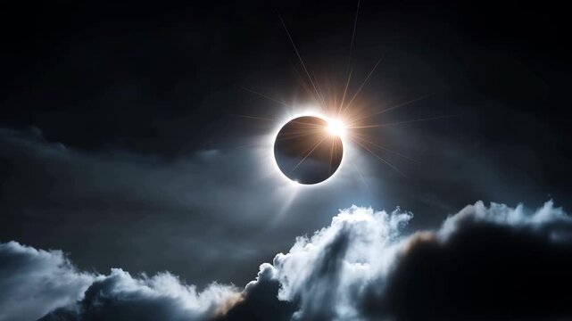 Solar Eclipse in Dark Sky Above Cloud, Bright Corona and Dramatic Light, Dark Moon Glow, Celestial Space Scene with Sun Flare and Storm Cloud