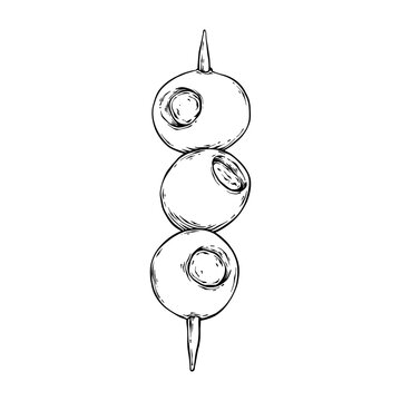 three olives on toothpicks vector line art hand drawn illustration