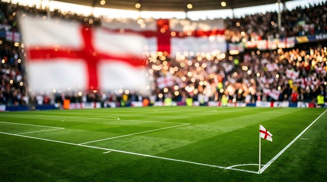 Empty football field with england flag in the blurred stadium background