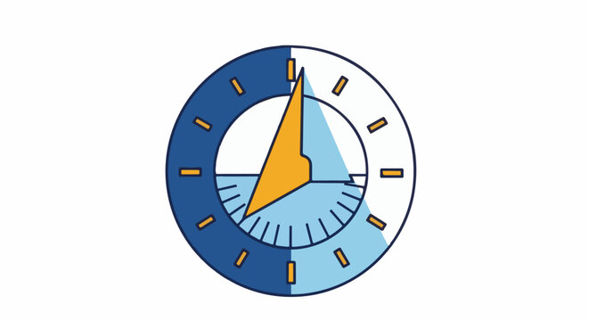 Stylized compass with blue and light blue segments and an orange pointer