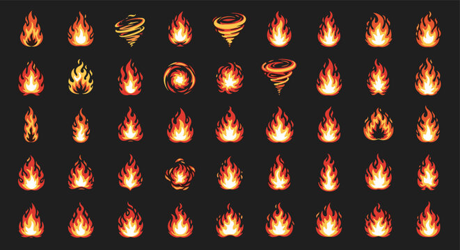 Collection of pixel art fire, flame, and tornado sprites for game design and retro graphics on a dark background.