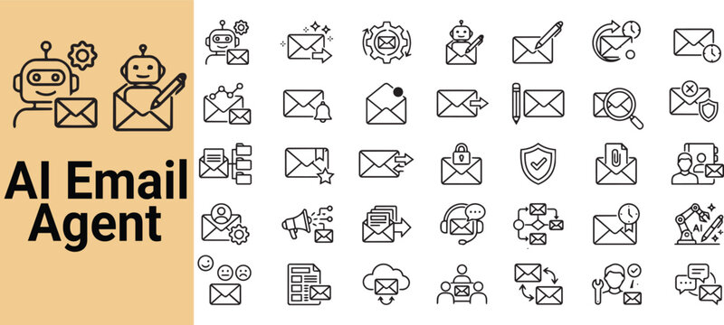Professional AI email agent icon set featuring email automation, inbox management, communication workflows, marketing technology, and intelligent messaging systems. Editable Icon