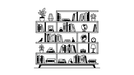 A black and white illustration of a bookshelf filled with books and decorative items. © Silfia