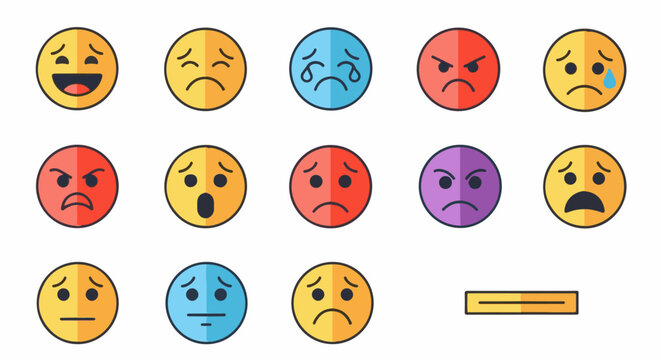 A colorful collection of digital smiley faces depicting various emotions like happiness, sadness, anger, and surprise
