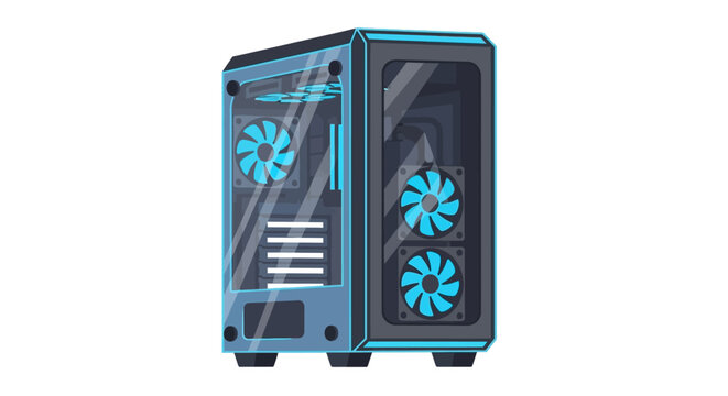Modern Gaming PC Case Vector Illustration with Blue Cooling Fans Isolated on White