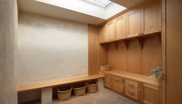Elegant and functional laundry room with custom wooden cabinetry and ample natural light, creating a serene space for home organization