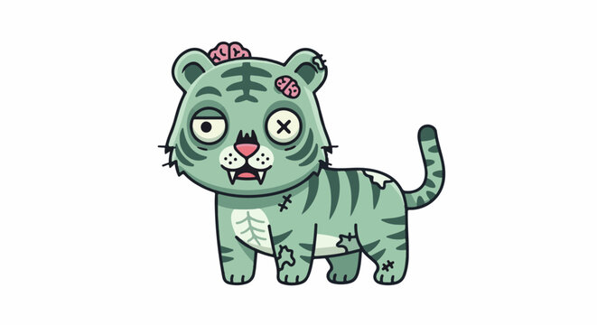 Cute cartoon zombie tiger with stitches and exposed brain