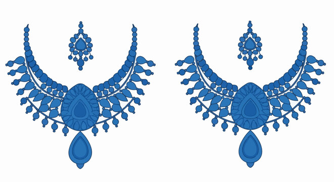 Intricate blue gemstone necklace and earrings, detailed ornamentation