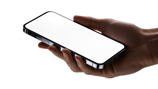 Human hand holding modern smartphone with blank white screen, isolated on transparent background