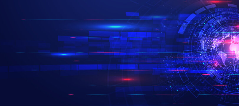Abstract digital globe with technological elements and light streaks on dark blue background.