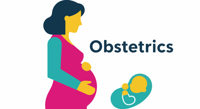 Stylized illustration of a pregnant person and newborn with the word "Obstetrics