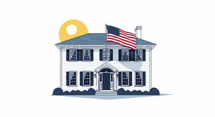 Naklejka premium Stylized illustration of a colonial-style house with an American flag