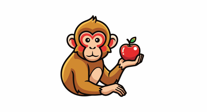 A cartoon monkey holding a red apple in its open palm