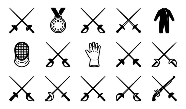 Olympic Fencing Sport Equipment and Gear Icons Set, Minimalist Crossed Swords, Protective Mask, Suit, Glove, and Medal Vector Glyphs, Athletic Combat Outlines Isolated on White Background