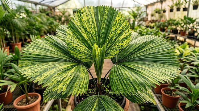 Variegated licuala grandis palm plant in a nursery greenhouse