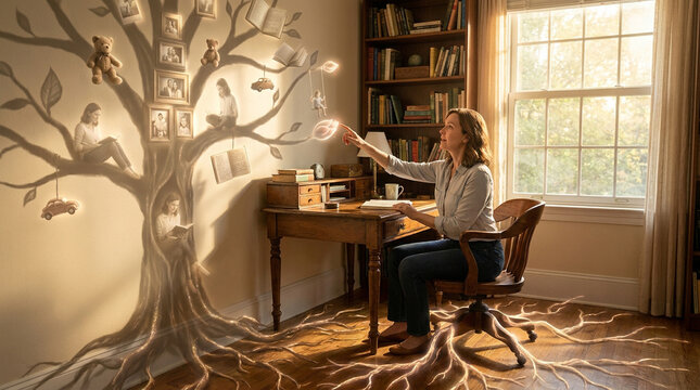 Woman sitting at a wooden desk while her shadow transforms into a magical glowing tree of memories