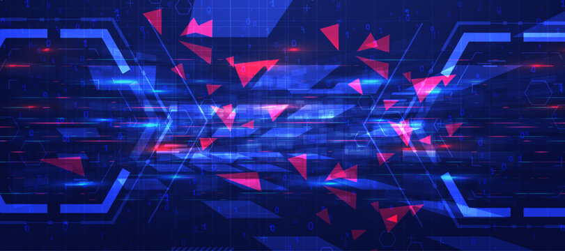 Futuristic abstract digital background with glowing red triangles and blue binary code elements.
