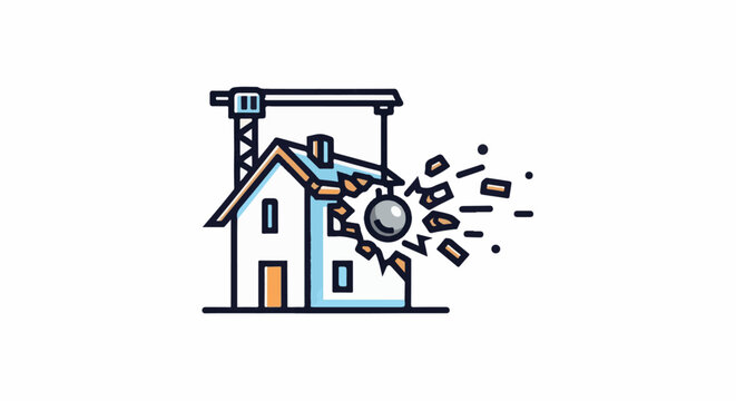 Cartoon style illustration of a house being demolished by a wrecking ball