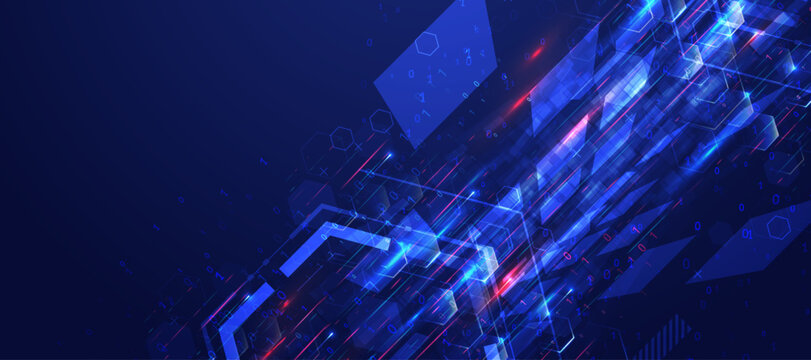 Abstract technology background with blue geometric shapes and digital binary code patterns.