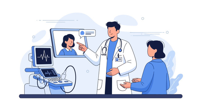 Medical Consultation Demonstrating Ultrasound Technology For Patient Visualization And Treatment