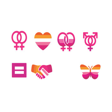 Lesbian pride icons set, pink and orange gradient LGBTQ+ symbols, female gender signs and equality butterfly vector elements for pride month