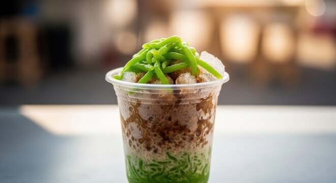 Refreshing Cendol Dessert in a Plastic Cup.