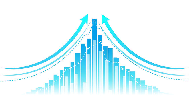 Blue rising bar graph with data trends and arrows showing peak performance business analysis statistics performance corporate investment marketing information planning development strategy