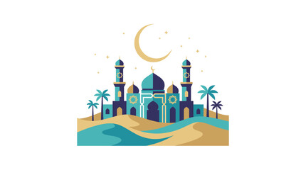 Naklejka premium ramadan kareem mosque with crescent moon and stars desert landscape with palm trees islamic holiday celebration concept ramadan mubarak