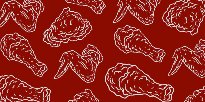 Fried chicken seamless pattern background. Cartoon illustration of crispy chicken wings and drumsticks. Fast food texture.