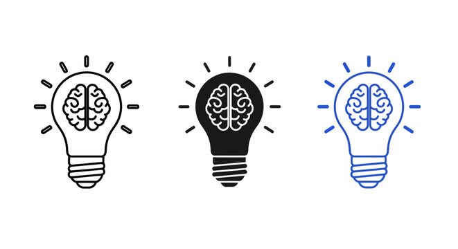 Dynamic vector icon of a lightbulb with a human brain, embodying brilliant ideas, creative intelligence, innovative solutions, and cognitive thinking for conceptual designs