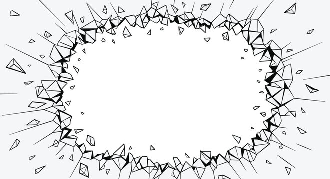 Illustration of a shattered glass or crystal frame with sharp fragments flying outward from a central empty white space.