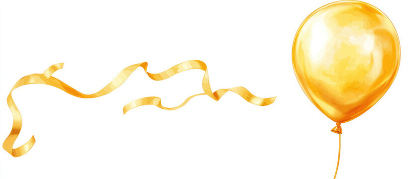 A shiny gold balloon floats gently in the air with flowing ribbons attached.