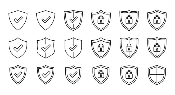 Collection of security shield icons with check marks and lock symbols representing protection and safety