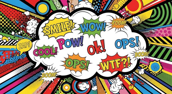 Vibrant pop art explosion of comic book speech bubbles with exclamations